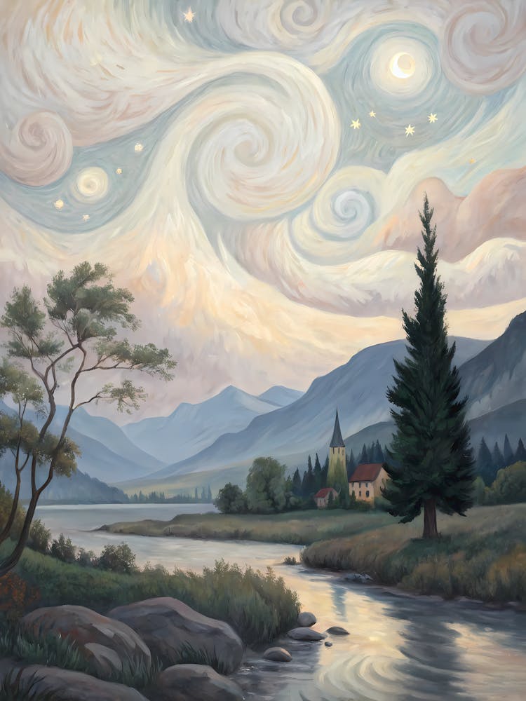 Van Gogh Lakeside Village Starry Sky & Mountain Landscape