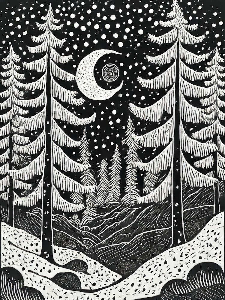 An Ancient Pine Forest Linocut
