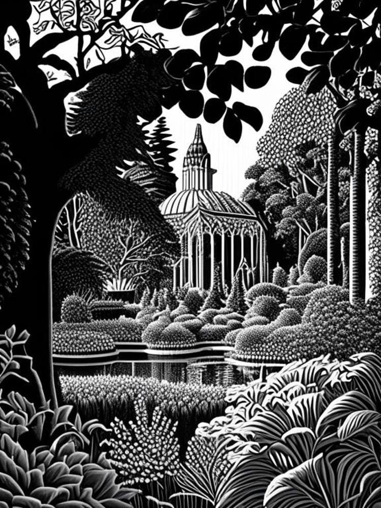 Mirabell Palace Gardens, 1, Austria Linocut Black And White Vintage