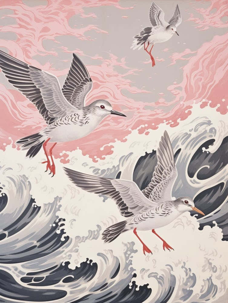 Vintage Japanese Inspired Bird Print Grey Plover 1