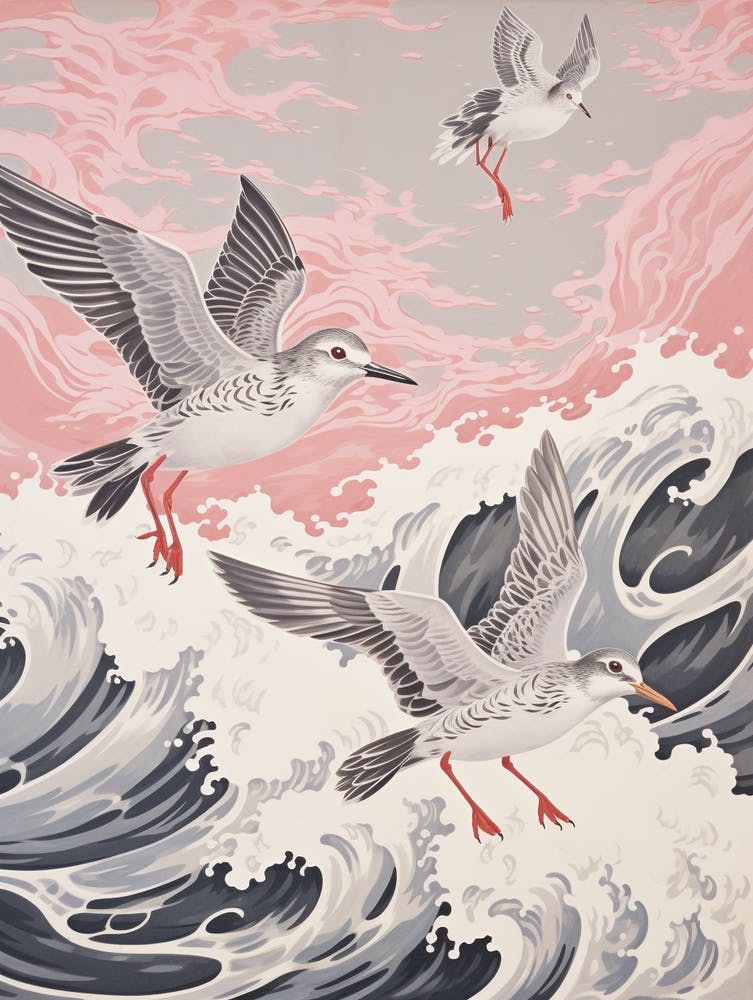 Vintage Japanese Inspired Bird Print Grey Plover 1