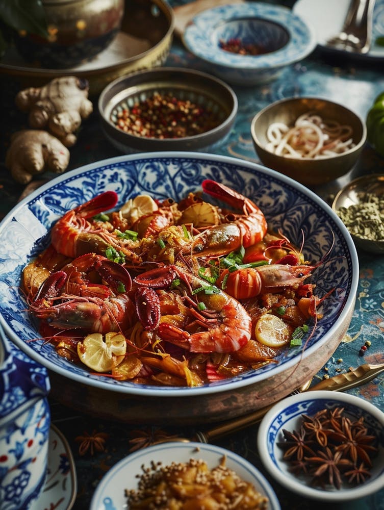 Cinématique, Photographie Documentaire, Éditorial, Sur Une Belle Table À Manger, Il Y A Un Plat avec Badiane et Tranches de Gingembre Sauté avec Écrevisses