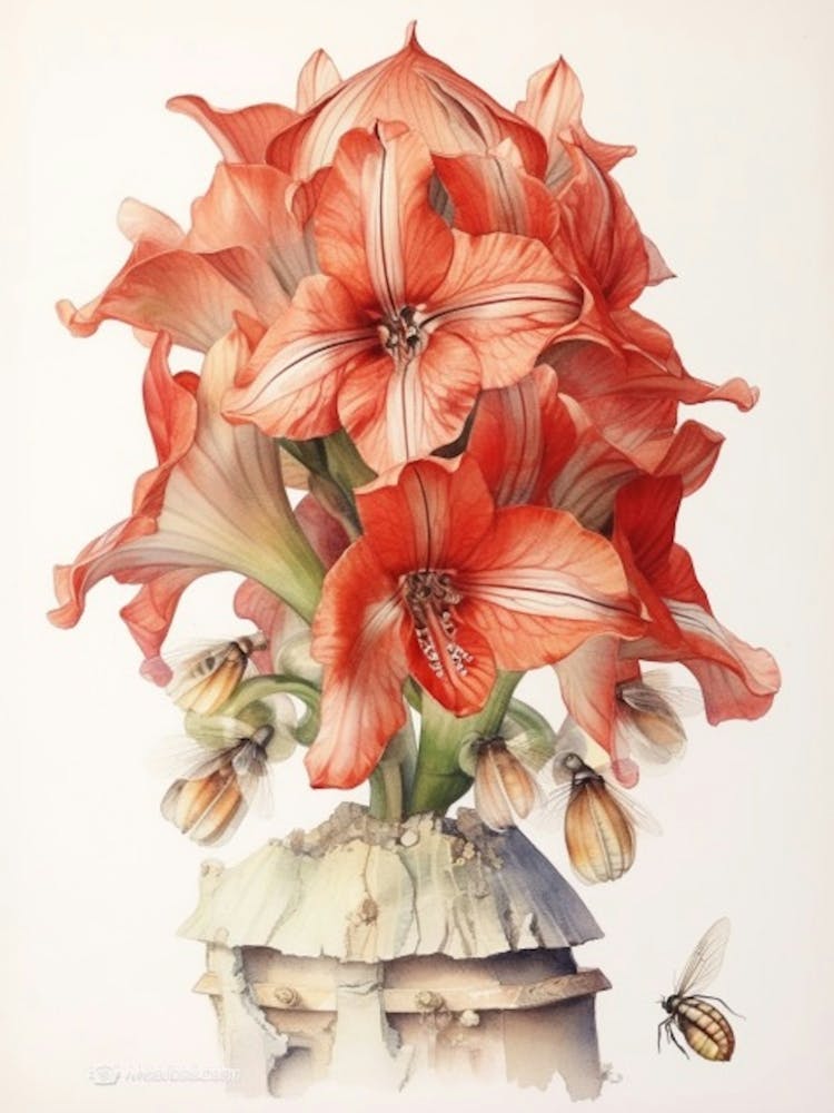 Beehive With Amaryllis Flower Watercolour Illustration 1