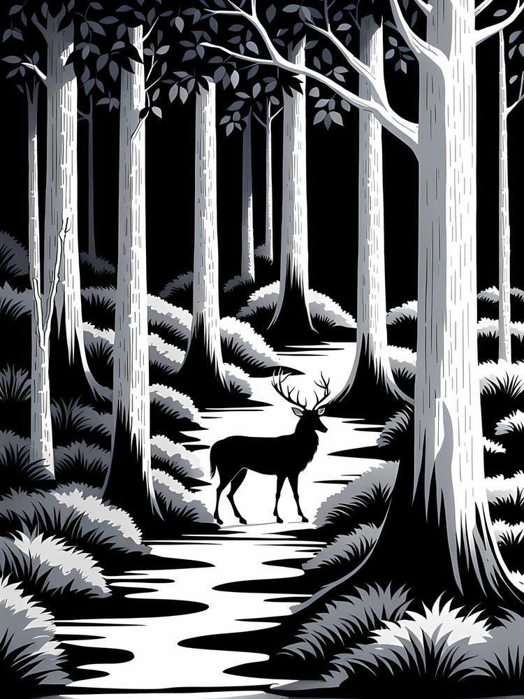 Deer In The Forest, black and white monochromatic art