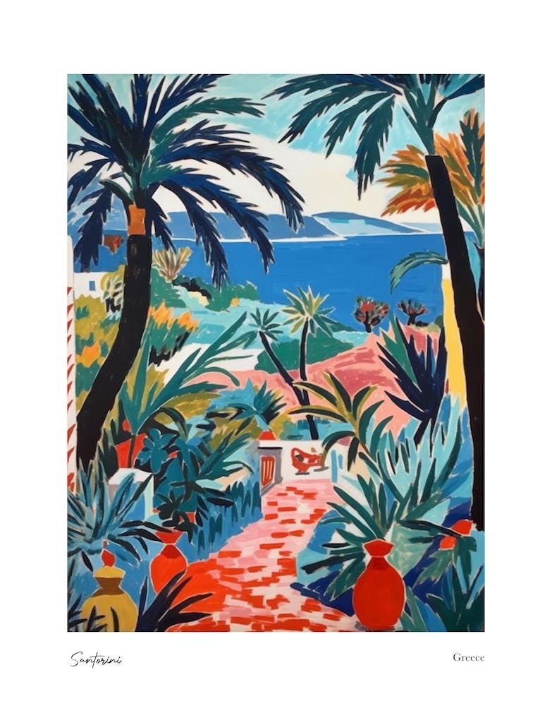 Santorin Grèce Style Matisse 3 Affiche de Voyage Aquarelle
