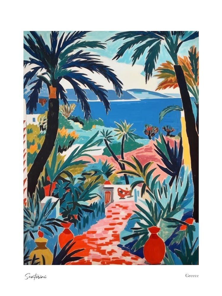 Santorini Greece Matisse Style 3 Watercolour Travel Poster