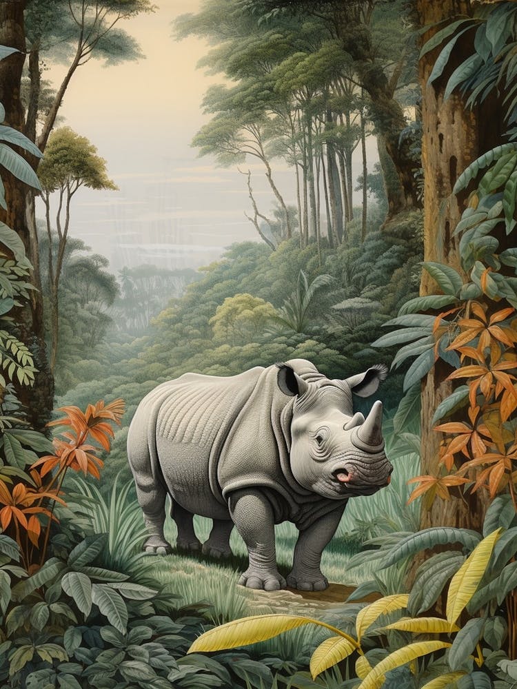 Rhino In The Green Leaves Realistic Illustration 5