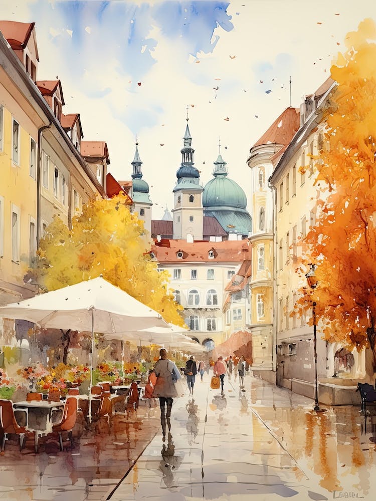 Ljubljana Slovenia In Autumn Fall, Watercolour 1