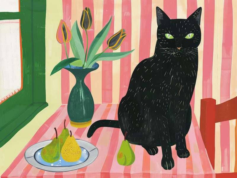 Katze und Birnen