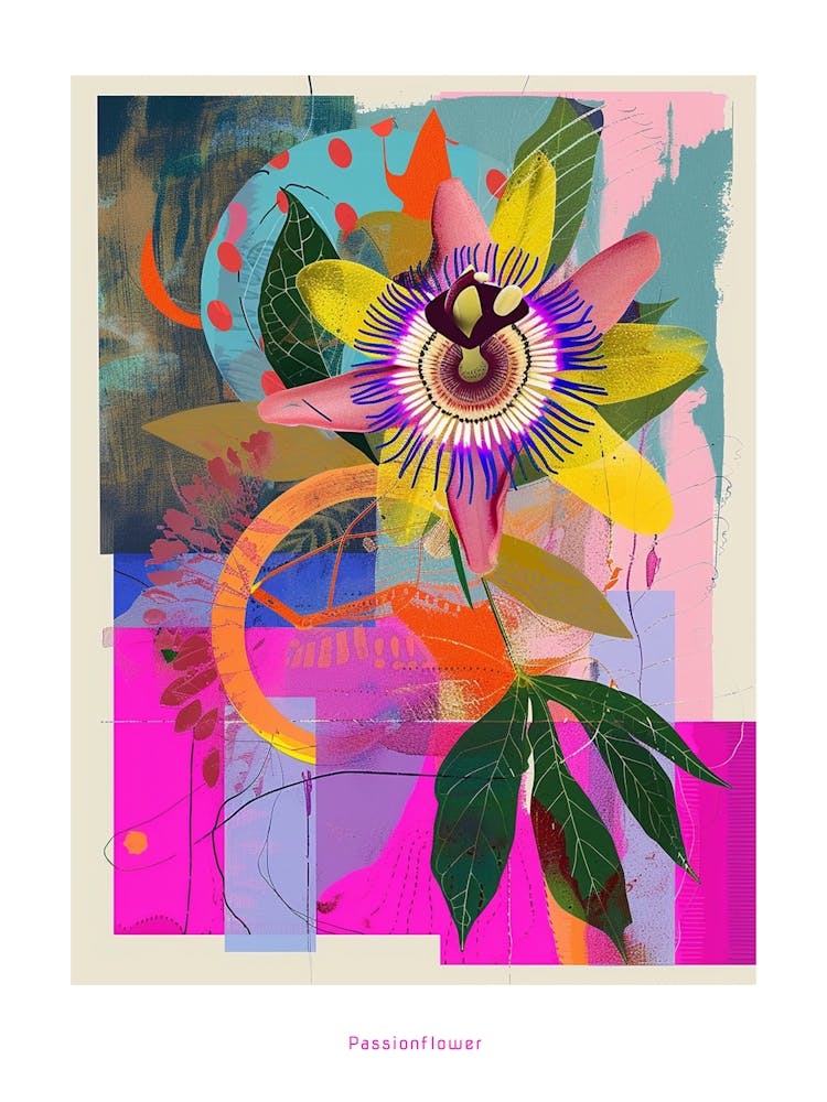 Passionflower 3 Neon Flower Collage Poster