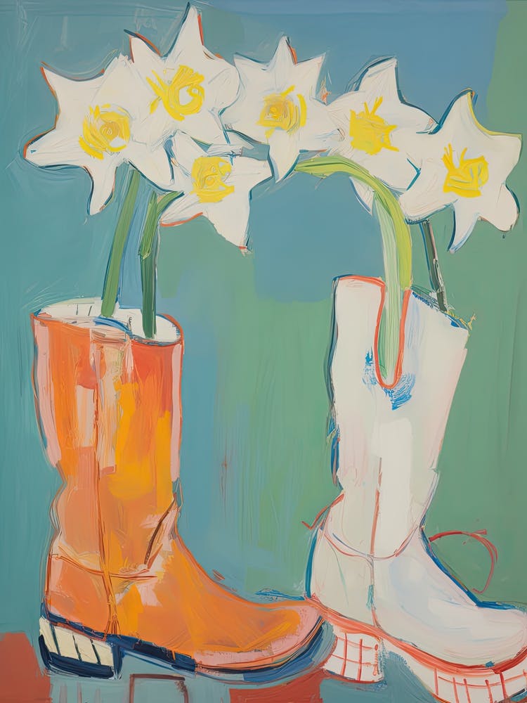 A Painting Of Cowboy Boots With Daffodil Flowers, Pop Art Style 3