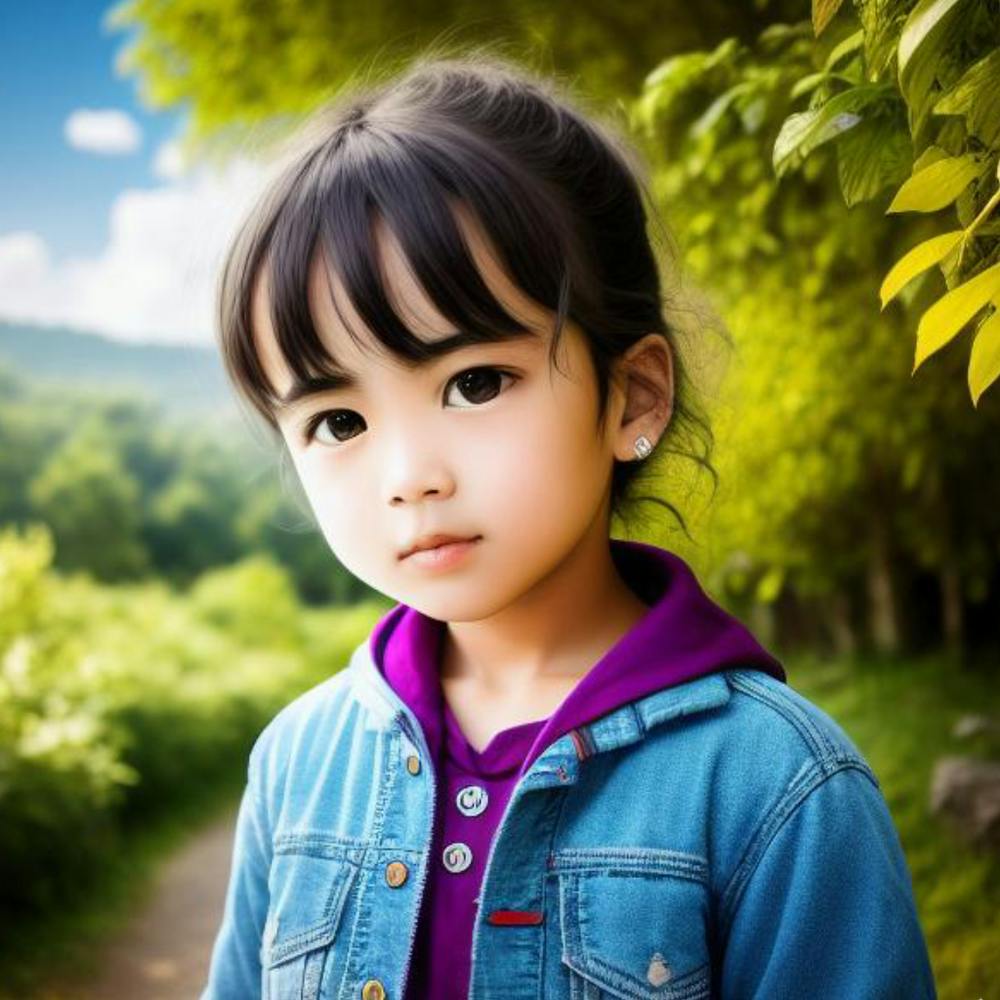 Asian Little Girl In The Forest