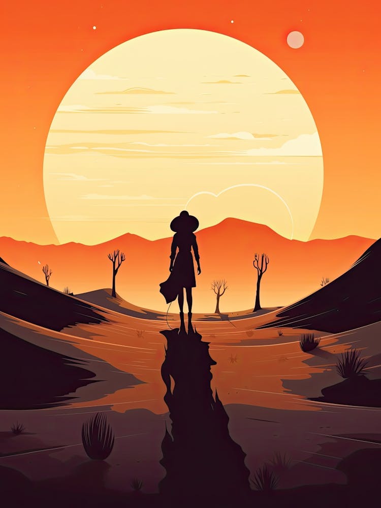 Cowgirl Riding A Horse In The Desert Orange Tones Illustration 14