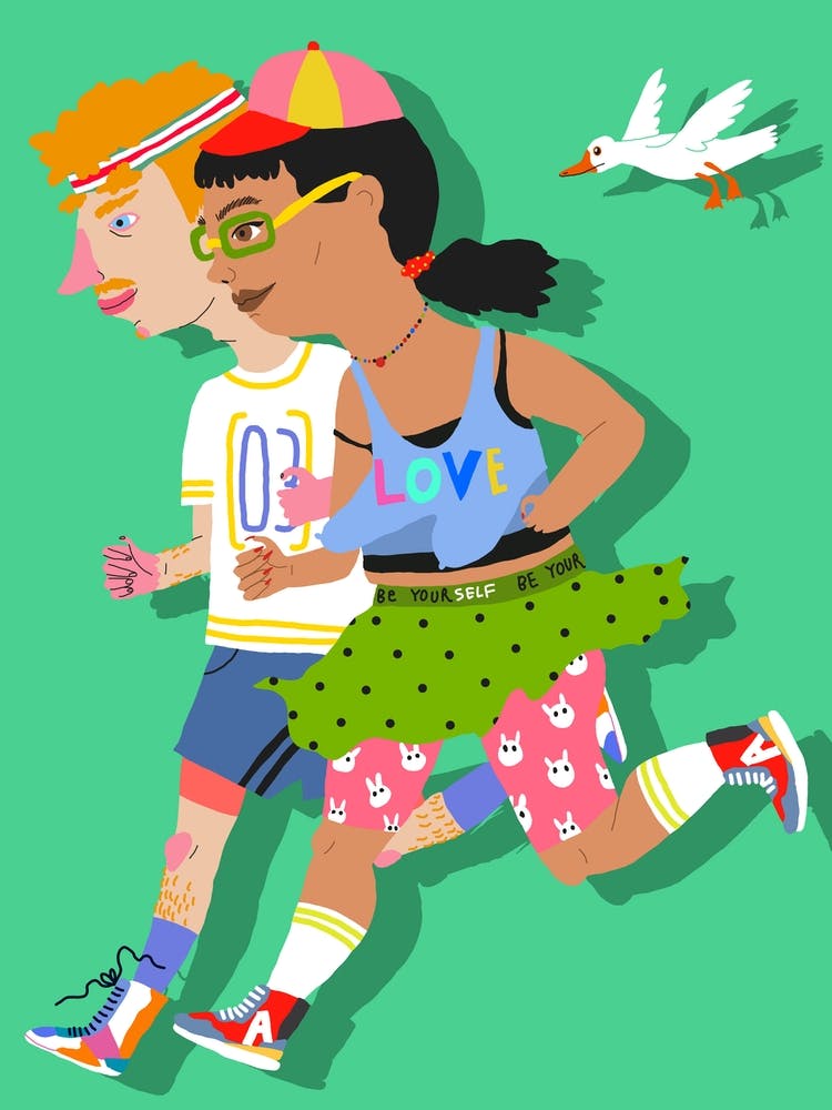 Running Couple With Bird