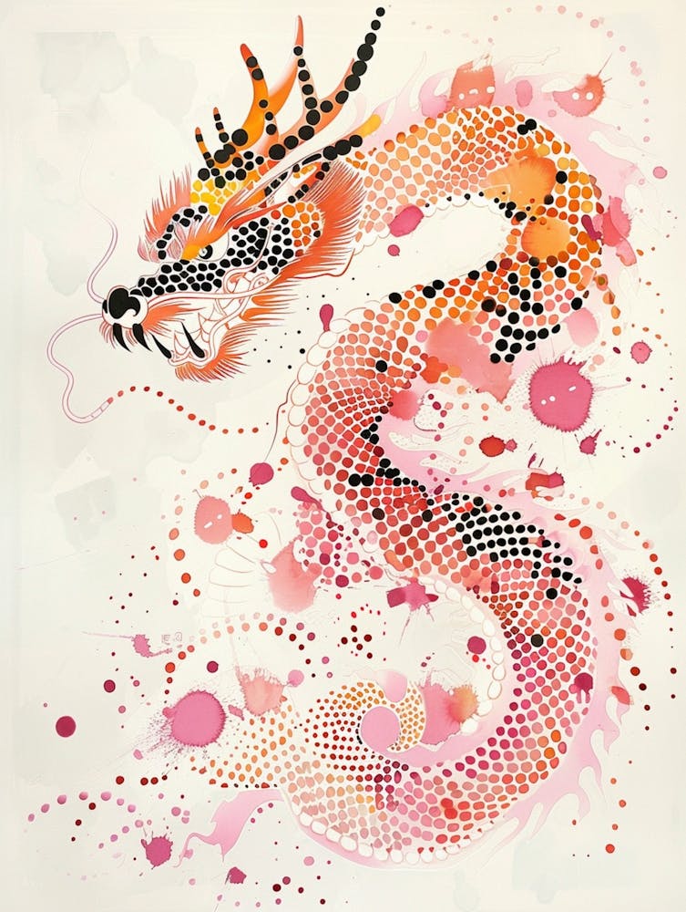 Cute Chinese Dragon Painted By Wu Guanzhong, Lovely Shape, Polka Dot Art, Dragon Leaping From Above, Close Up Of Head, Abstract Simple Lines, Illustration, Pink And Small Amount Of Gold, Premium Color Scheme, White Background, 18k