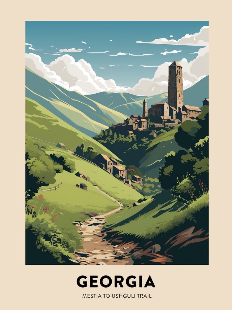 Mestia To Ushguli Trail Georgia 1 Vintage Hiking Travel Poster