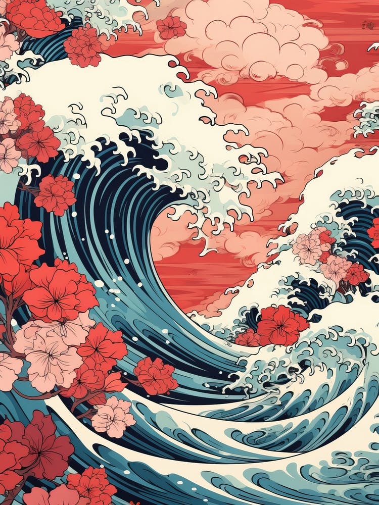 Great Wave With Lotus Flower Drawing In The Style Of Ukiyo E 3