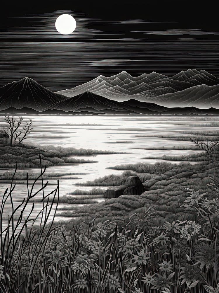 Lake Biwa In Shiga, Ukiyo E Black And White Line Art Drawing 3