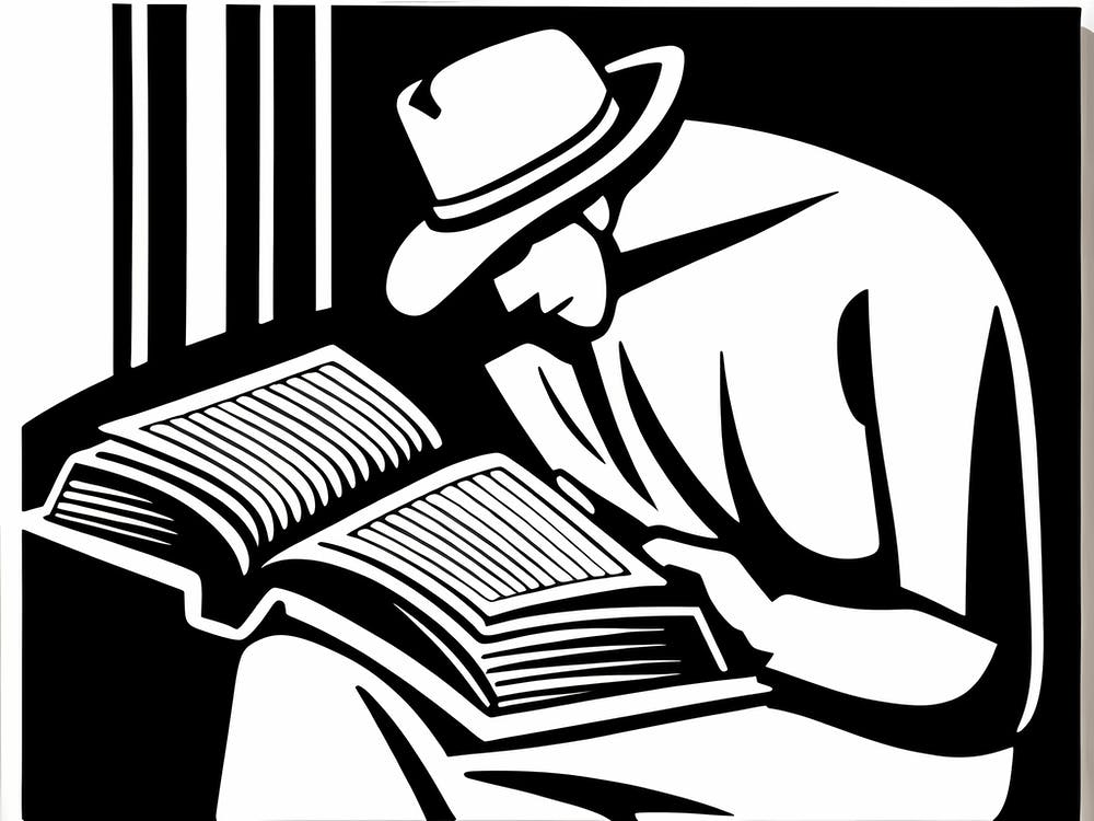 Lion cut inspired Black and white Stylized portrait of a Person reading a book, reading art, book worm, Reader 182