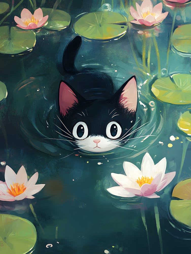 Cute Cat Swimming Among Water Lilies 1