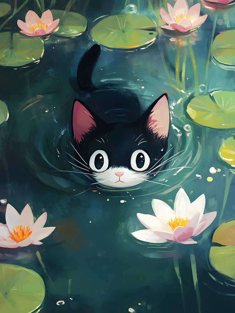 Cute Cat Swimming Among Water Lilies 1
