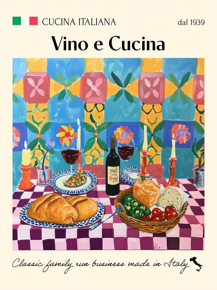 Vino E Cucina Trattoria Italian Poster Food Kitchen