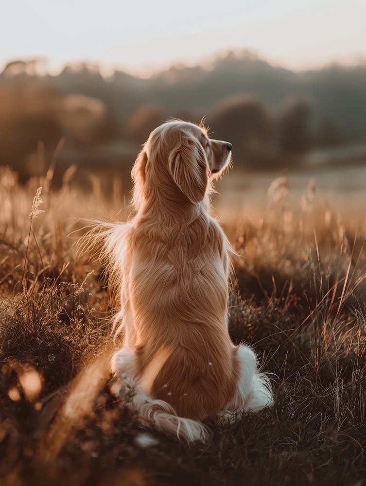 Golden Retriever Dog Sitting In Field At Sunset.Generated AI.
