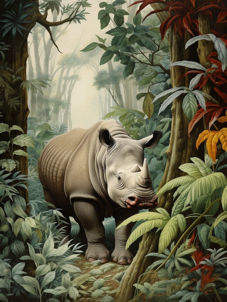 Rhino In The Leaves Realistic Illustration 2