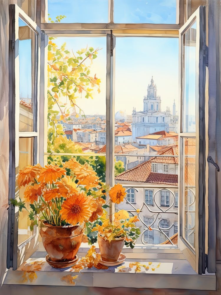 Window View Of Lisbon Portugal In Autumn Fall, Watercolour 2