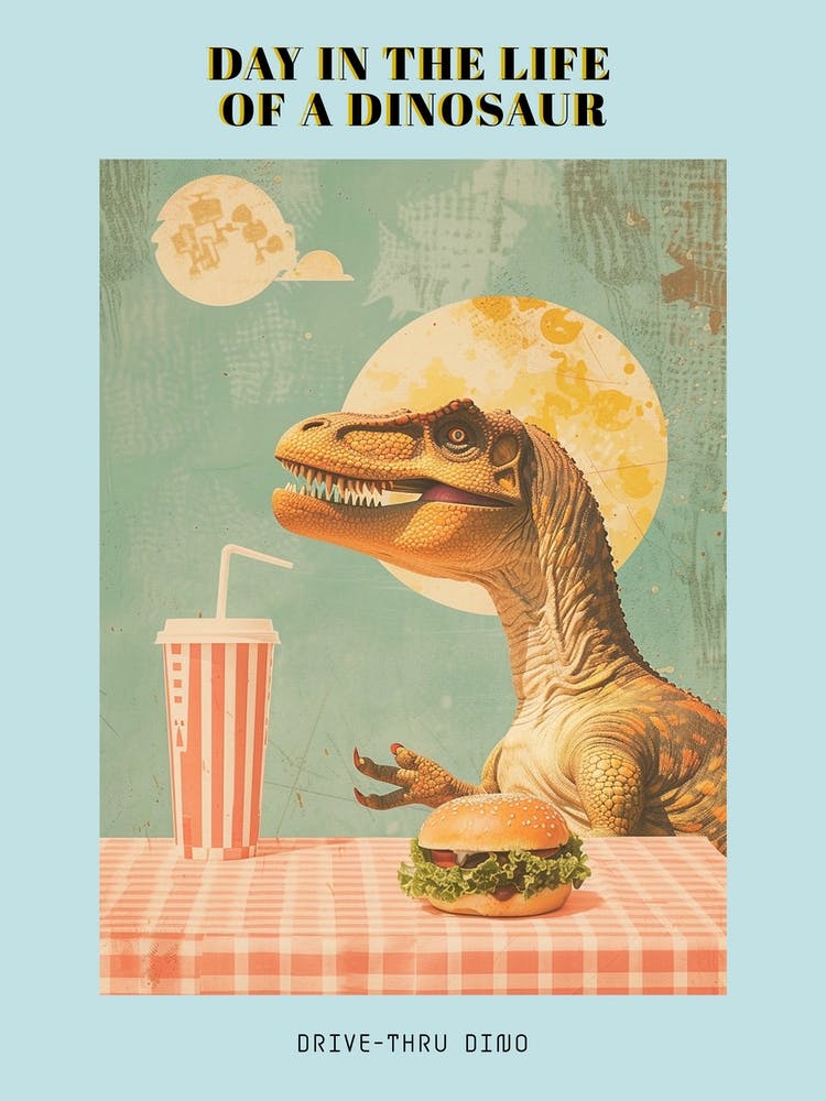 Dinosaur & A Hamburger Retro Collage 3 Poster