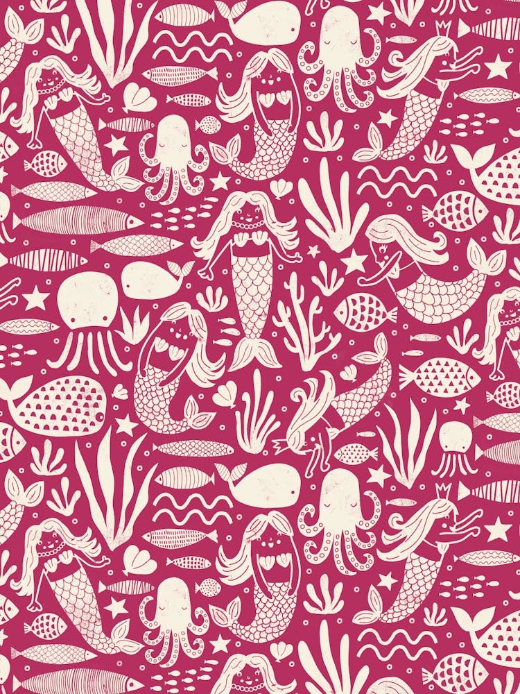 Underwater Mermaids and Sea Life Block Print White on Magenta Pink Kids