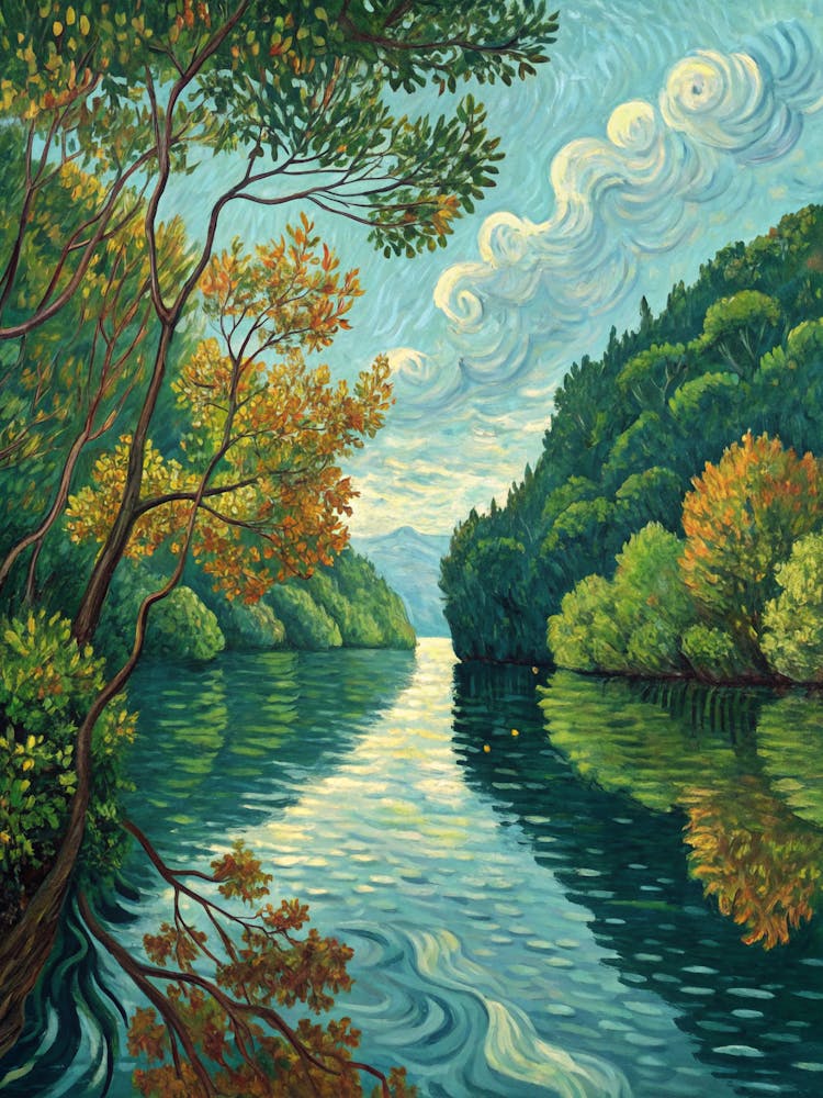 Serene River Landscape Surrealist Oil Painting Style Of Van Gogh