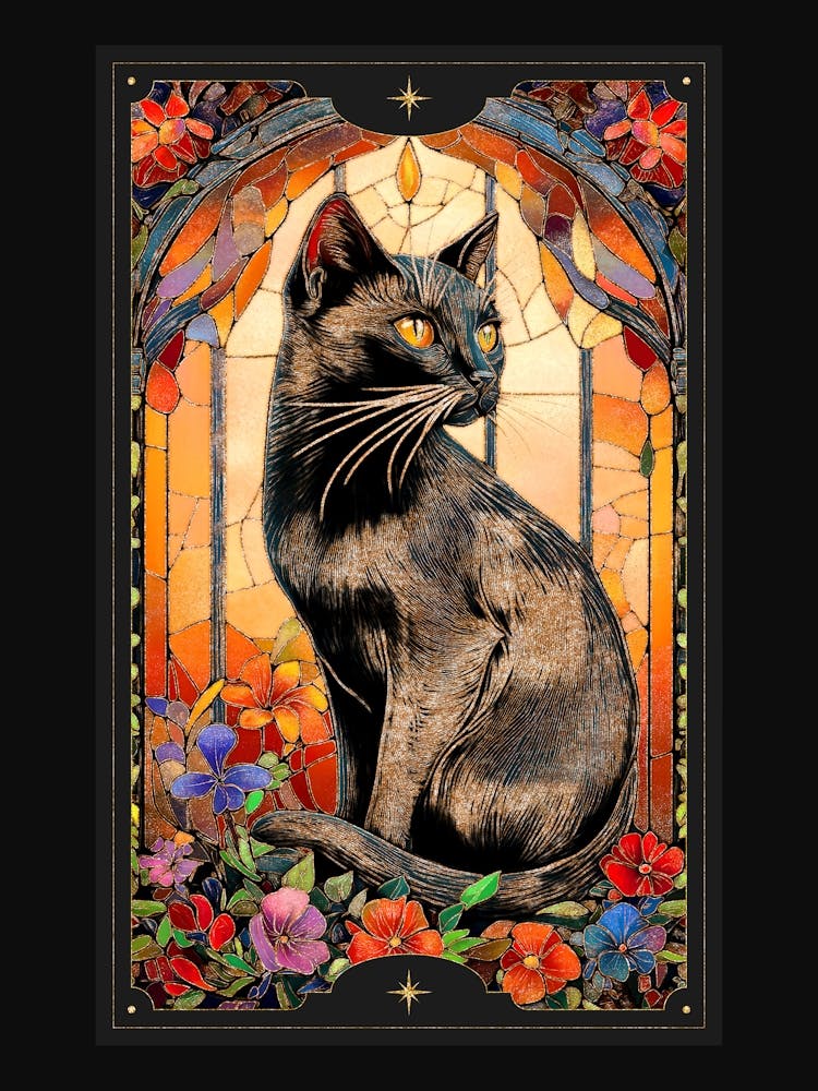 Alphonse Mucha-inspired black cat and ornate florals with gold accents in a dark cottagecore aesthetic with stained glass effect, Colorful Art Nouveau style witchy artwork perfect for libraries, vintage-themed rooms, moody interior