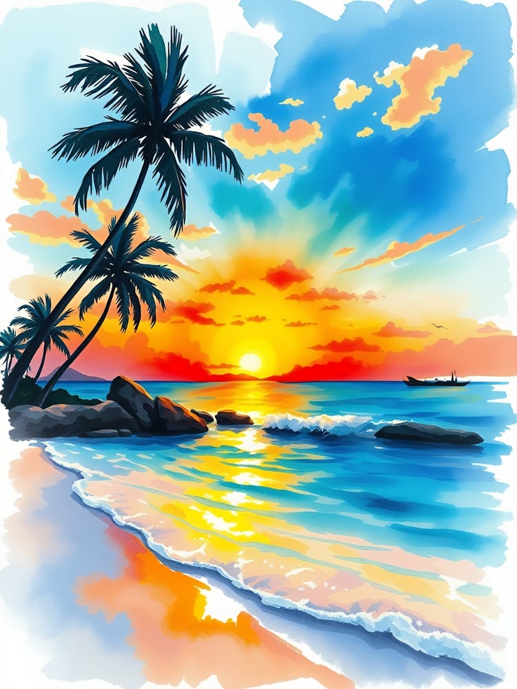 Aquarelle de Coucher de Soleil Sur La Plage