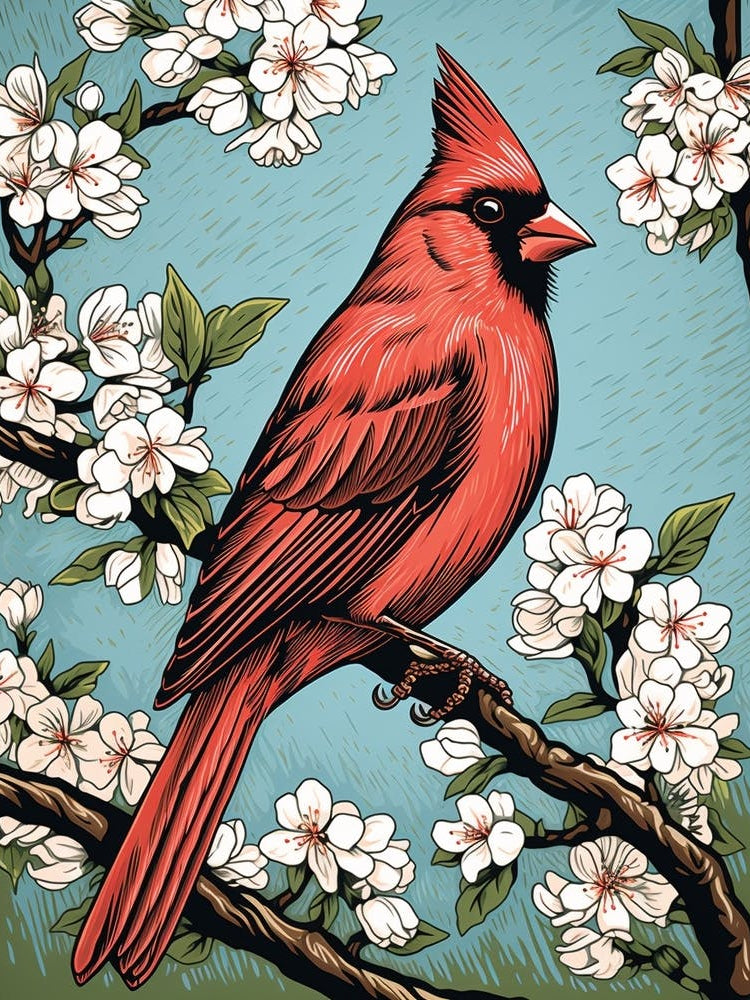 Vintage Bird Linocut Cardinal 3