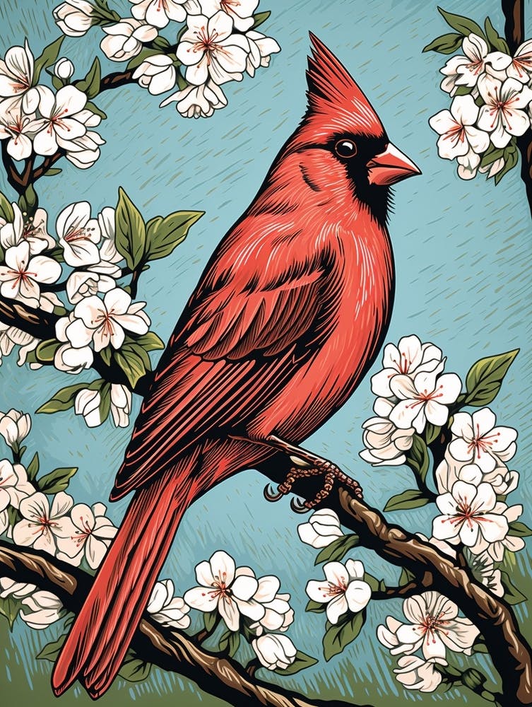 Vintage Bird Linocut Cardinal 3