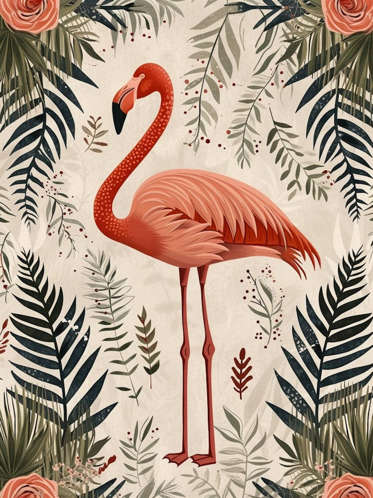 Greater Flamingo And Ferns Boho Print 1