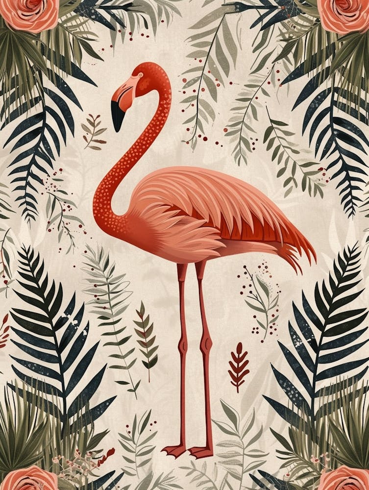 Greater Flamingo And Ferns Boho Print 1