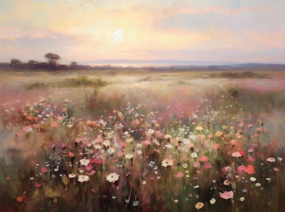 Wildflower Field Landscape Oil Painting, Vintage Sunset Landscape, Country Field Wall Art Digital Download, Nature Printable Art(1)