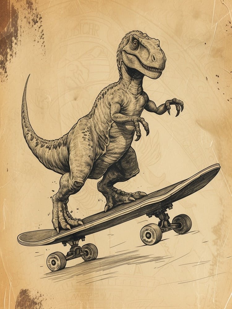 Vintage Nodosaurus Dinosaur On A Skateboard 2