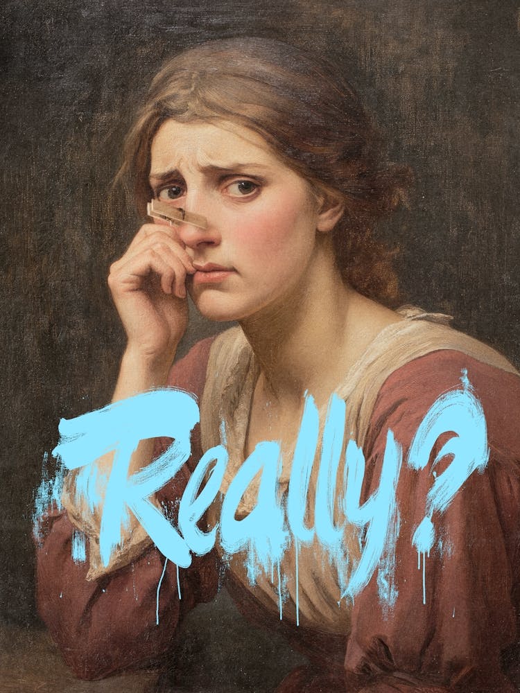 Lustige Badezimmerkunst Klassisches Porträt einer viktorianischen Frau mit Nasenkneifer mit kräftiger Typografie für Badezimmerdekor, Vintage-Frau, die ihre Nase hält, Klassisches Badezimmer Humor Poster 2