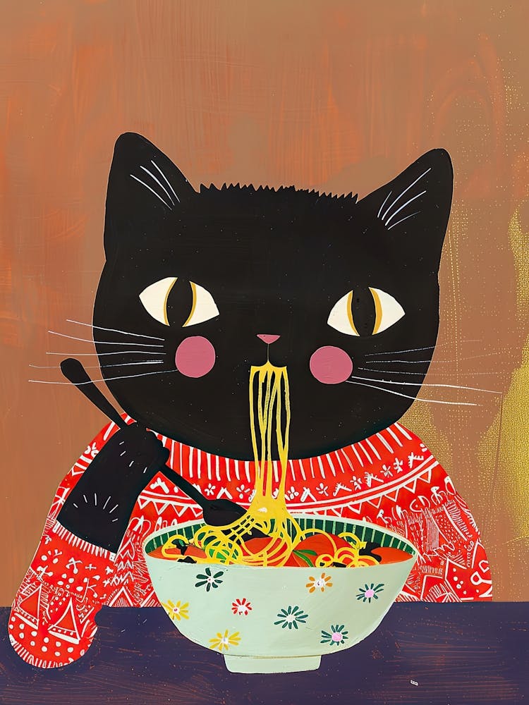 Cute Black Cat Eating Pasta Folk Illustration 2