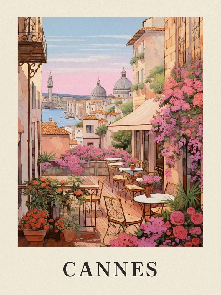 Cannes France 3 Vintage Pink Travel Illustration Poster