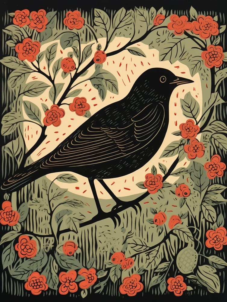 Vintage Bird Linocut Blackbird 1