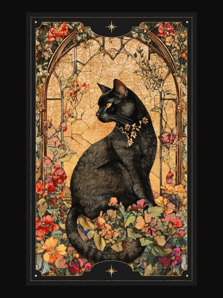 Alphonse Mucha-inspired black cat and ornate florals with gold accents in a dark cottagecore aesthetic with stained glass effect, Art Nouveau style witchy artwork perfect for libraries, vintage-themed rooms, moody interior 3