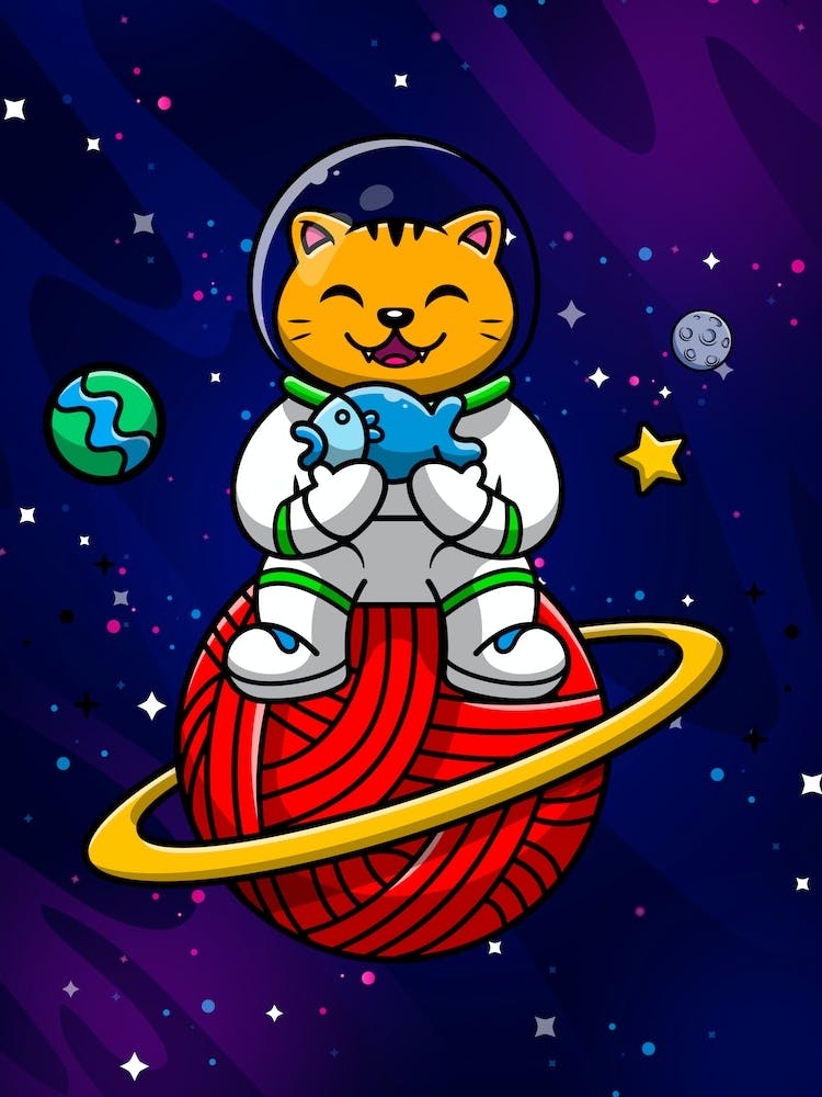 Cat Astronaut, space cat and fish — space poster, synthwave space, neon space, aesthetic poster