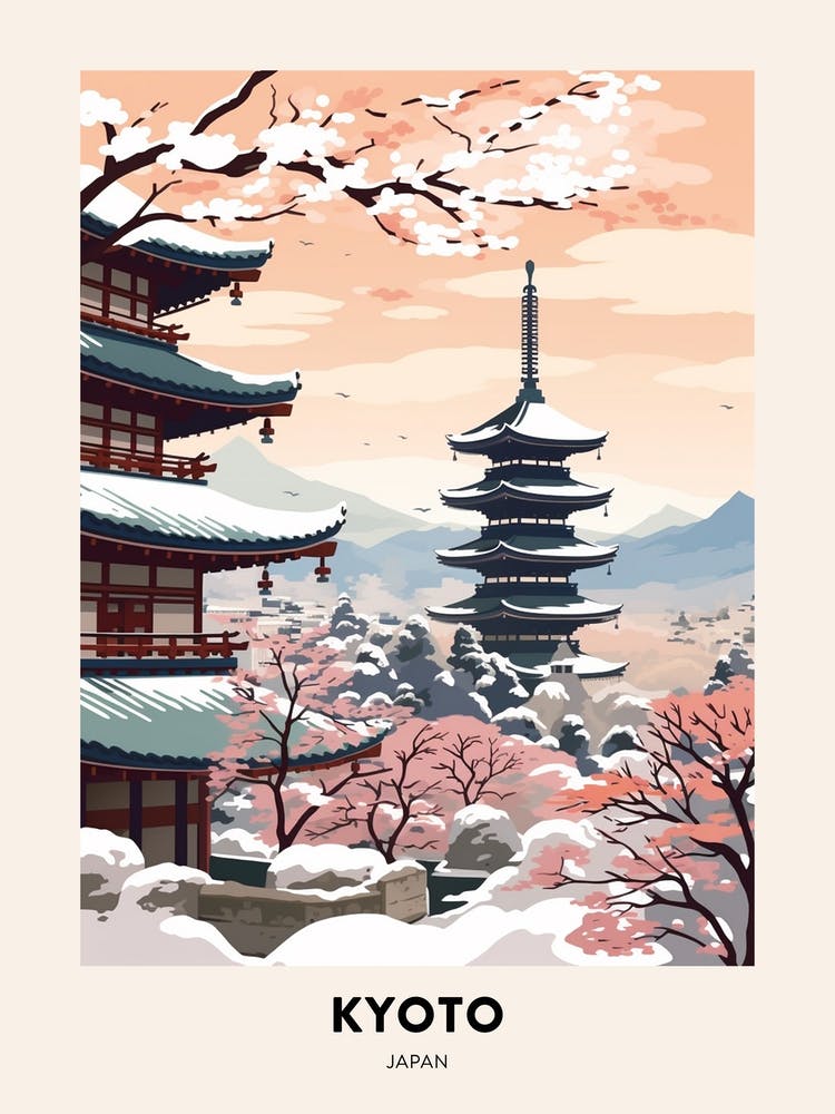 Vintage Winter Travel Poster Kyoto Japan 1