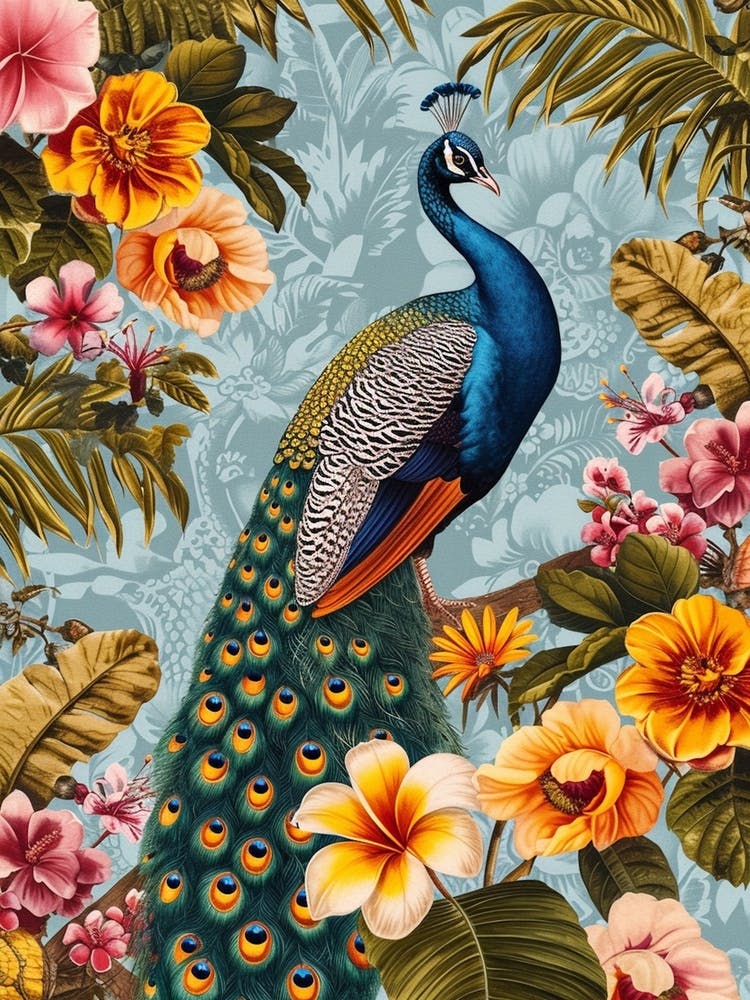 Peacock With Tropical Flowers Wallpaper