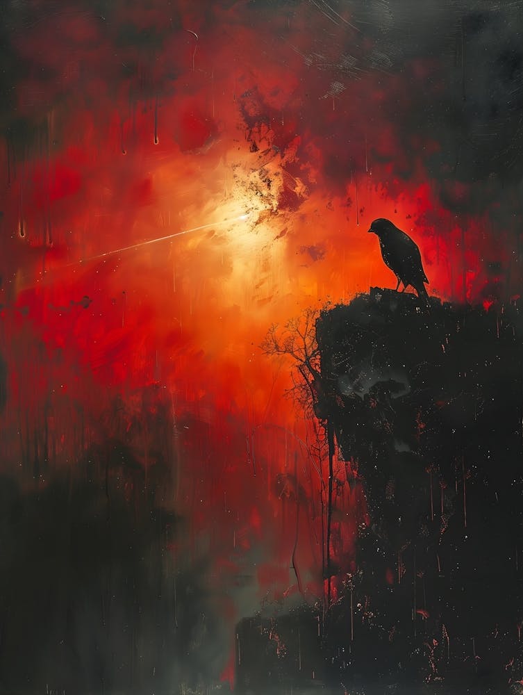 Crow At Sunset, Bichromatic, Surrealism, Impressionism