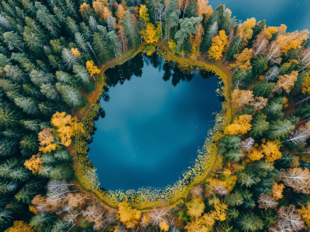 Aerial View Of A Lake In Autumn